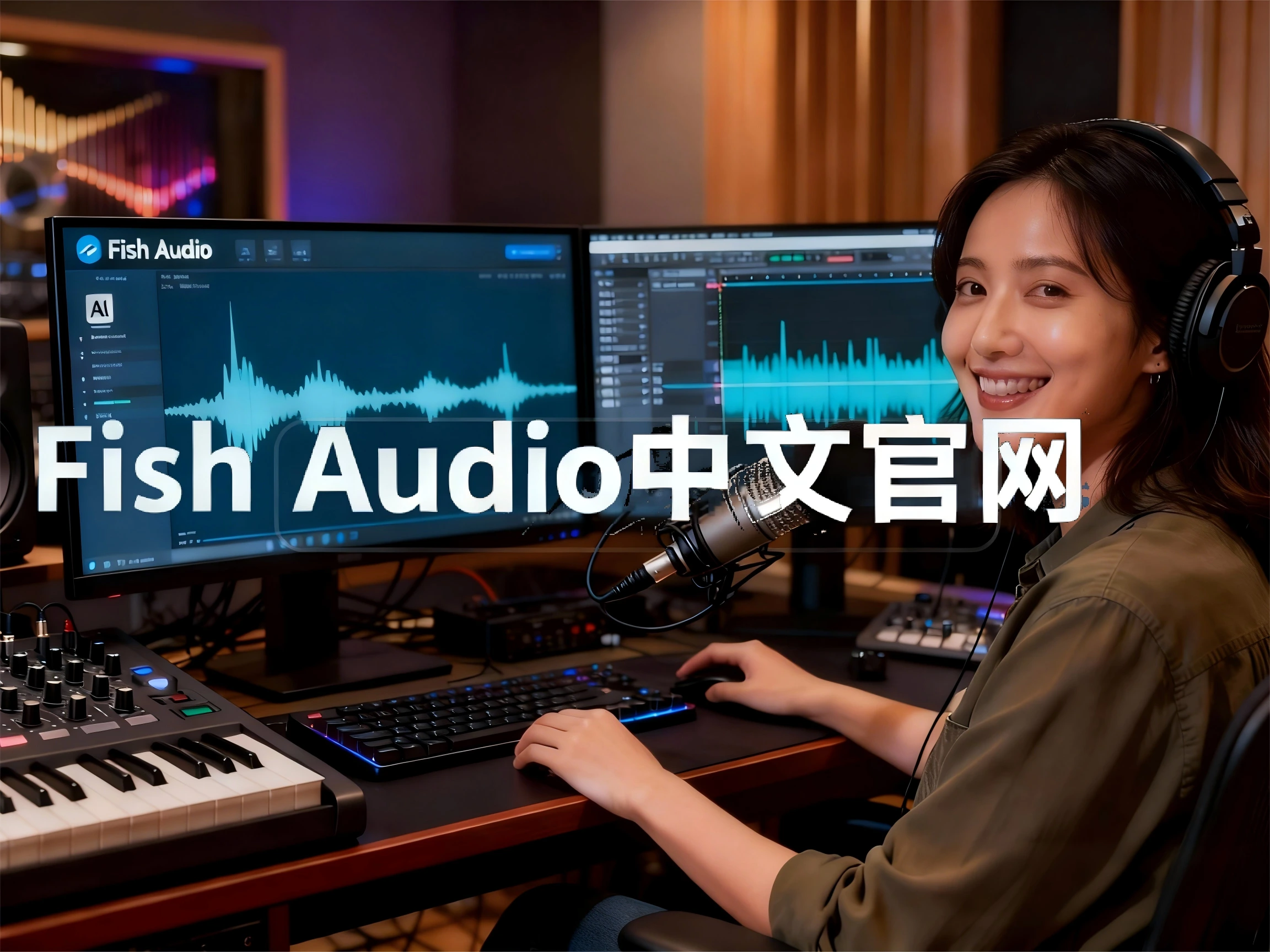 一位播客后期制作人正在专业音频工作站前,屏幕上同时打开着Fish Audio的界面和音频编辑软件。她正将一段由AI生成的人声干音(波形显示自然平滑)与背景音乐进行混音,表情专注而满意,完全无需对AI人声进行二次降噪或修复。
