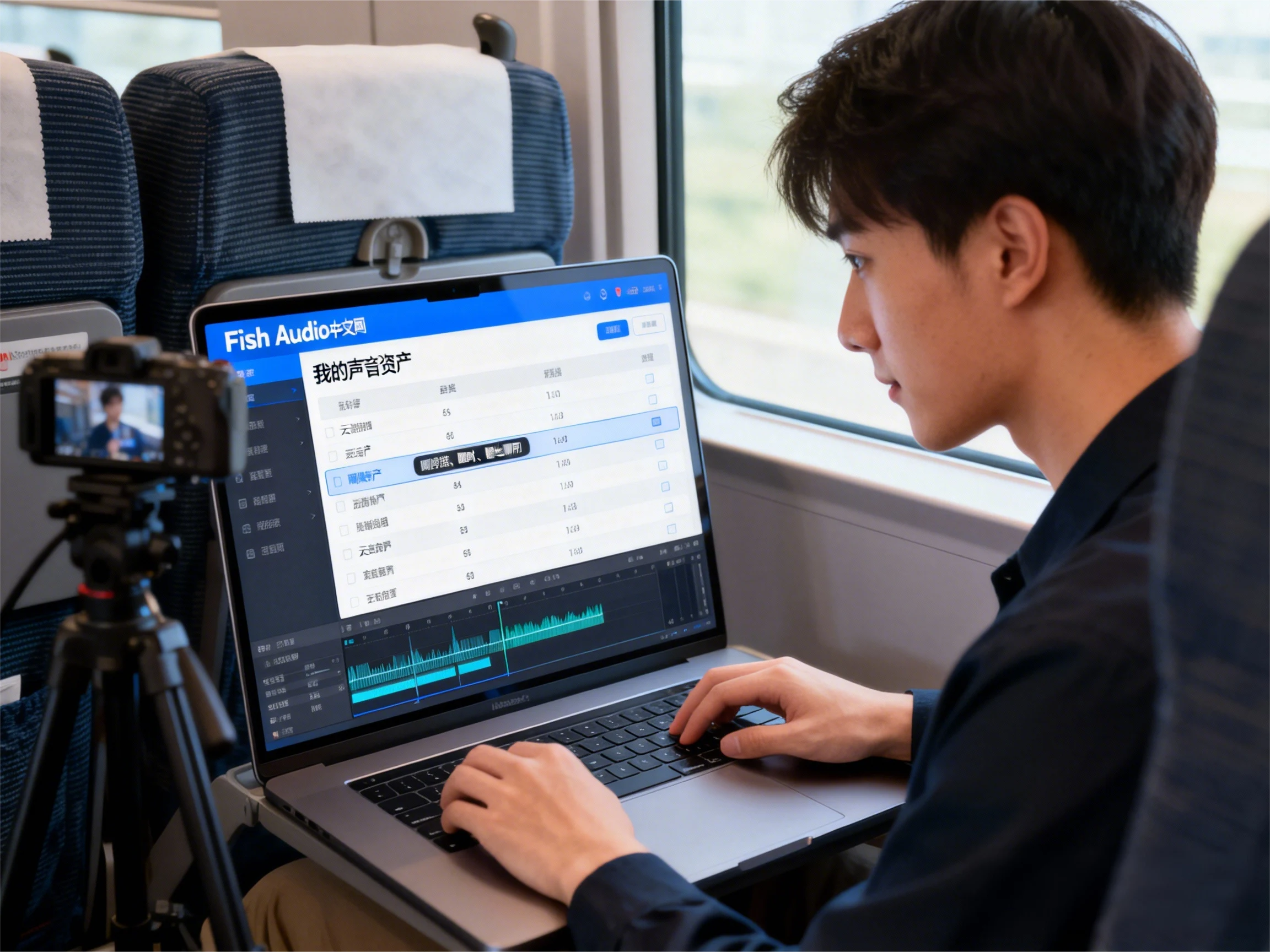 一位年轻的视频博主在高铁座位上,正用笔记本电脑登录Fish Audio中文官网。屏幕中央清晰显示着“我的声音资产”列表,他正轻松地将一段刚克隆好的配音拖入视频剪辑时间轴,表情专注而高效。